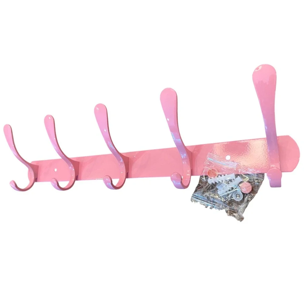 Pink 5 Hook Wall Mount Coat Rack Heavy Duty Metal Entryway Organizer 17 inch